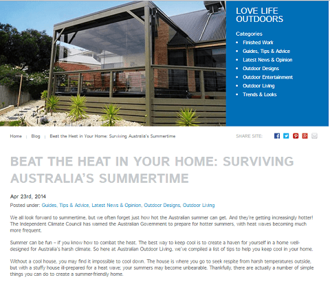 Article excerpt and image from Beat the Heat in Your Home Surviving Australia’s Summertime, Australian Outdoor Living
