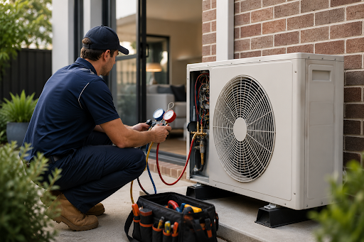 Licensed technician installing a heating and air conditioning system in Melbourne