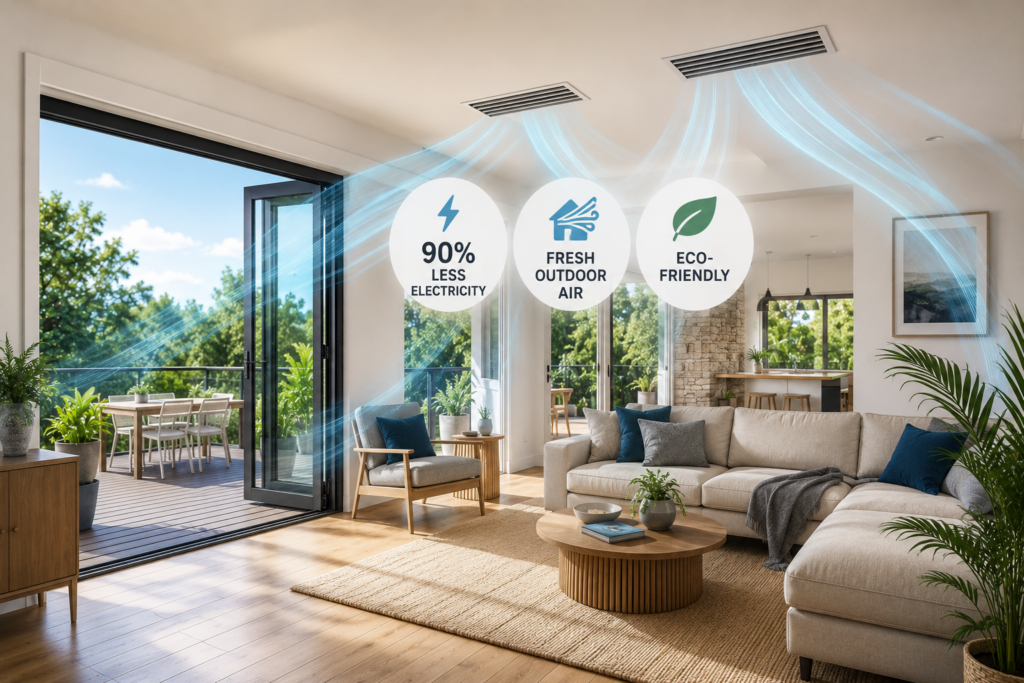 Fresh air evaporative cooling system improving indoor air quality